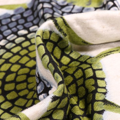 Tissu Jersey Viscose Lin Motifs abstraits vert sur fond Ecru