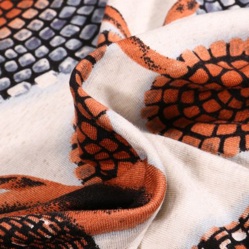 Tissu Jersey Viscose Lin Motifs abstraits orange sur fond Ecru