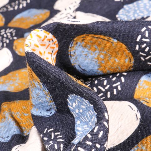 Tissu Jersey Viscose Lin Cercles divers motifs ocre sur fond Bleu marine
