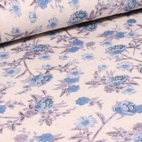 Tissu Jersey Viscose Lin Pivoines sur fond Blanc cassé