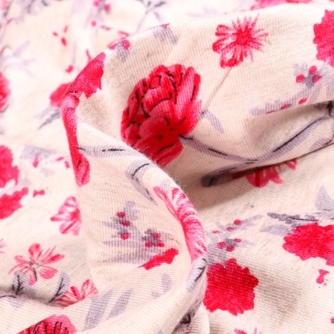 Tissu Jersey Viscose Lin Pivoines rouges sur fond Ecru