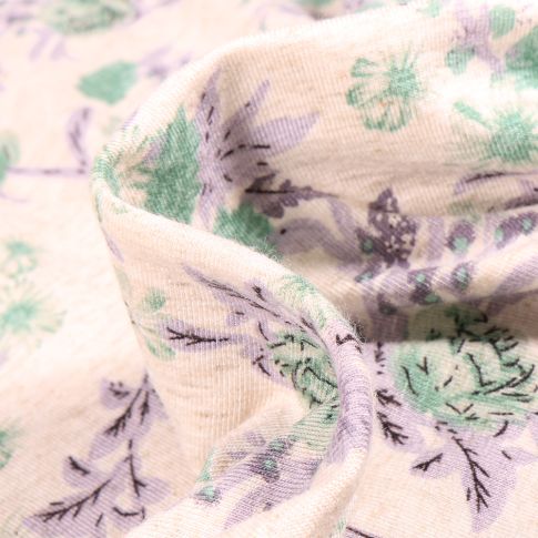 Tissu Jersey Viscose Lin Pivoines vertes sur fond Ecru