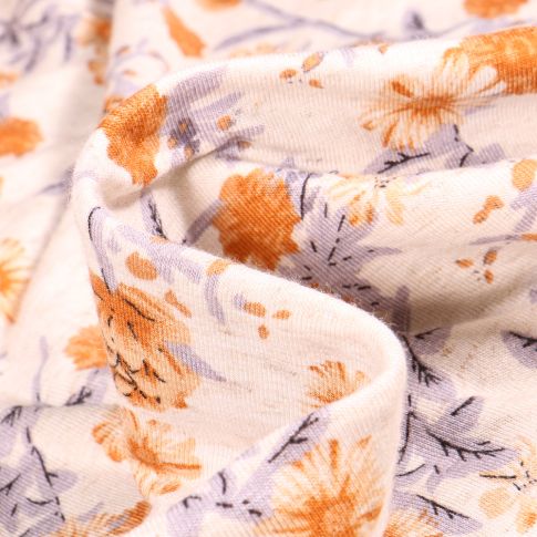 Tissu Jersey Viscose Lin Pivoines ocre sur fond Ecru