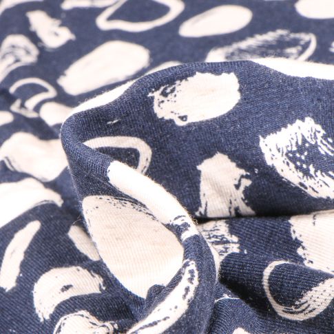 Tissu Jersey Viscose Lin Cercles et pois sur fond Bleu marine