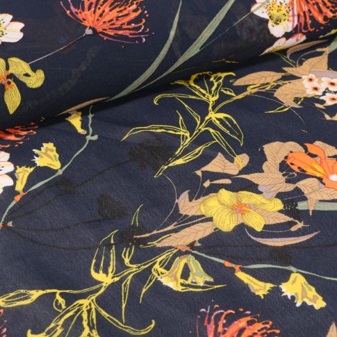 Tissu Mousseline Nupans et fleurs diverses sur fond Bleu marine