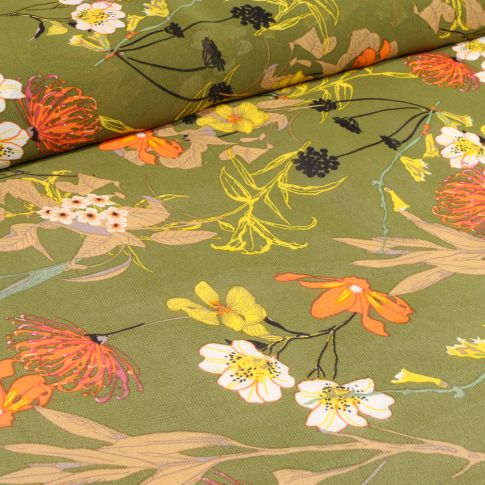 Tissu Mousseline Nupans et fleurs diverses sur fond Vert