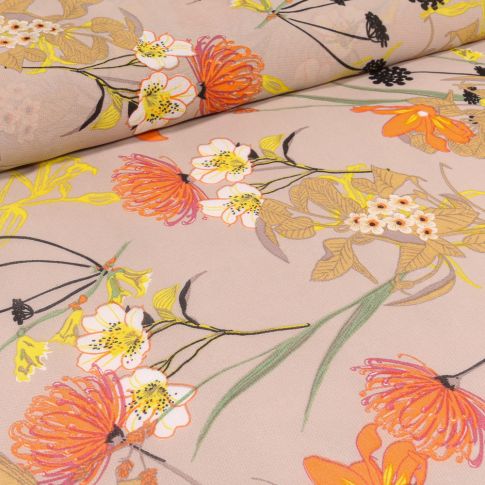 Tissu Mousseline Nupans et fleurs diverses sur fond Beige