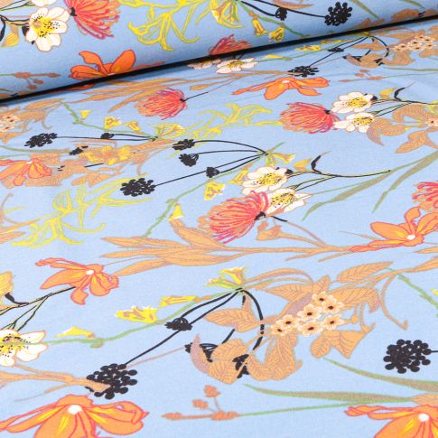 Tissu Bengaline Fleurs Protéa sur fond Bleu ciel