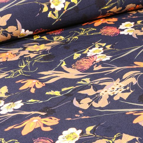 Tissu Bengaline Fleurs Protéa sur fond Bleu marine
