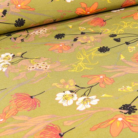 Tissu Bengaline Fleurs Protéa sur fond Vert