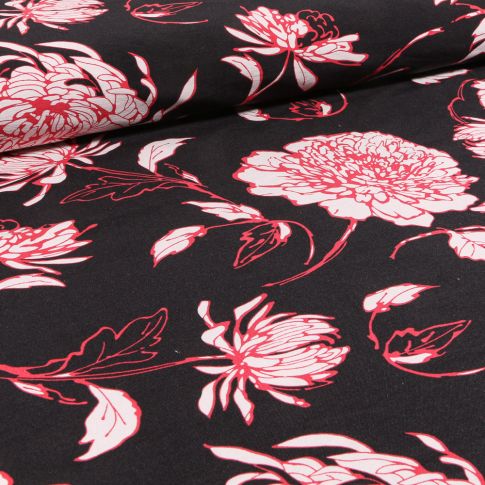Tissu Bengaline Fleurs rouges sur fond Noir