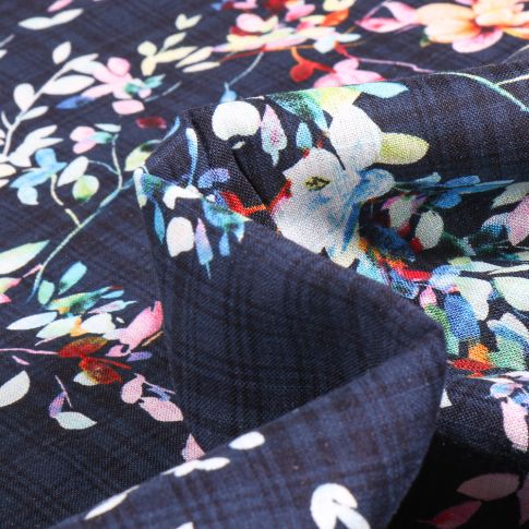 Tissu Coton Viscose aspect lin Fleurs colorées et quadrillages sur fond Bleu marine