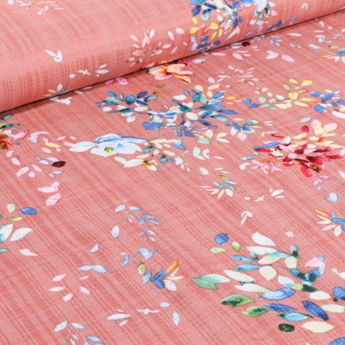 Tissu Voile de Coton et Viscose Fleurs colorées et quadrillages sur fond Rose
