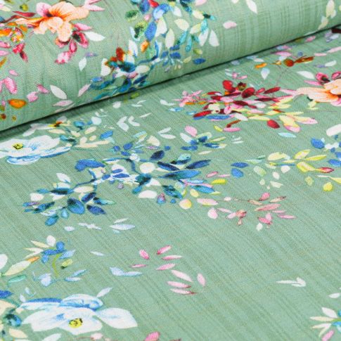 Tissu Voile de Coton et Viscose Fleurs colorées et quadrillages sur fond Vert menthe