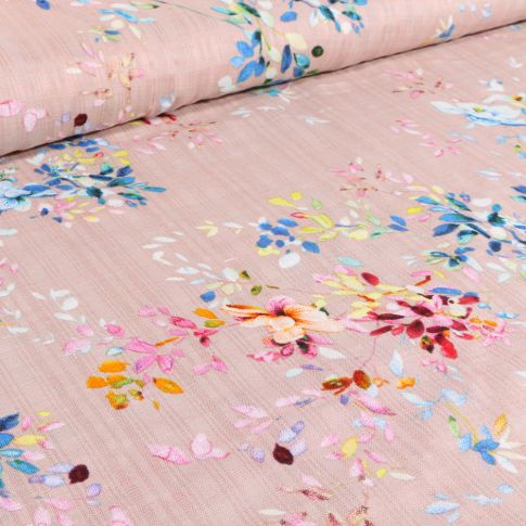 Tissu Voile de Coton et Viscose Fleurs colorées et quadrillages sur fond Rose pâle