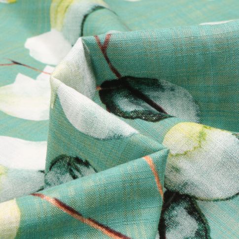 Tissu Voile de coton et viscose Eucalyptus sur fond Vert menthe