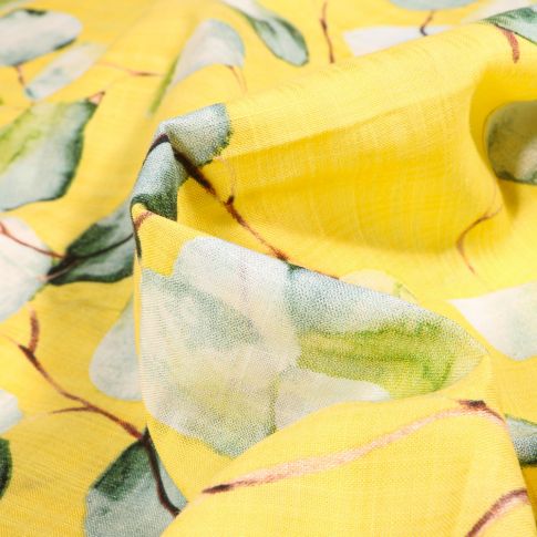 Tissu Voile de coton et viscose Eucalyptus sur fond Jaune