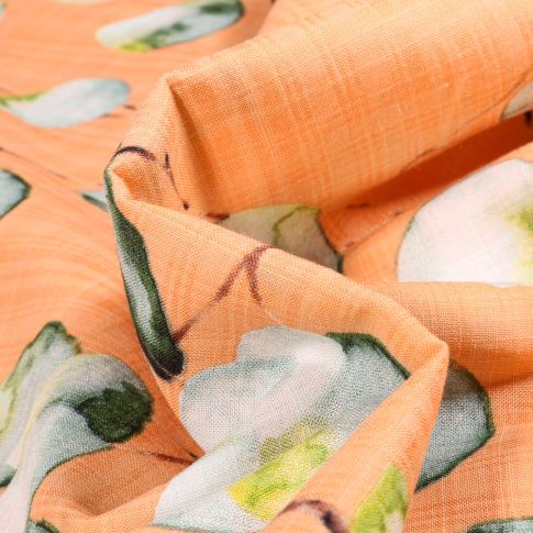 Tissu Voile de coton et viscose Eucalyptus sur fond Melon