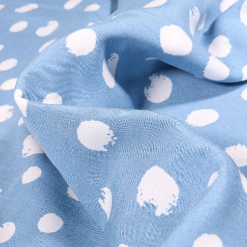 Tissu Viscose Popeline Pois XL irréguliers sur fond Bleu ciel