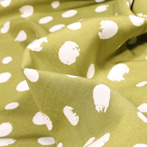 Tissu Viscose Popeline Pois XL irréguliers sur fond Vert kaki clair