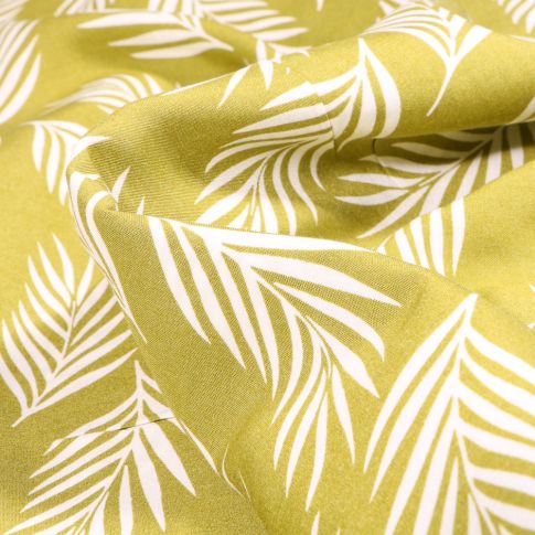 Tissu Viscose Popeline Feuilles de palme blanches sur fond Vert anis