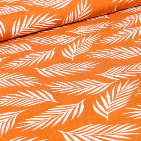 Tissu Viscose Popeline Feuilles de palme blanches sur fond Orange