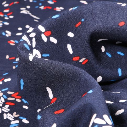 Tissu Viscose Popeline Confettis multicolores sur fond Bleu marine