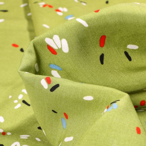 Tissu Viscose Popeline Confettis multicolores sur fond Vert