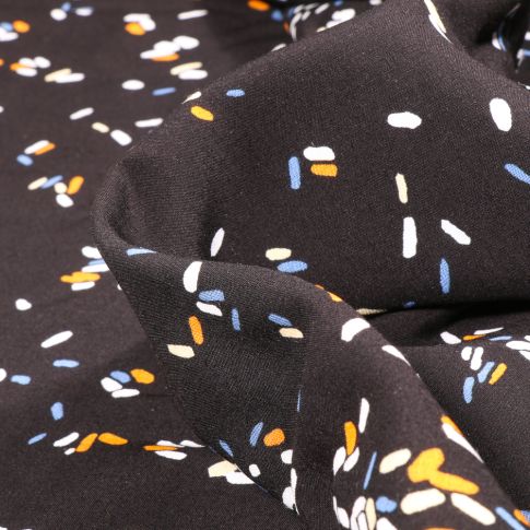 Tissu Viscose Popeline Confettis multicolores sur fond Noir