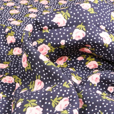 Tissu Viscose Popeline Marie-Louise sur fond Bleu marine