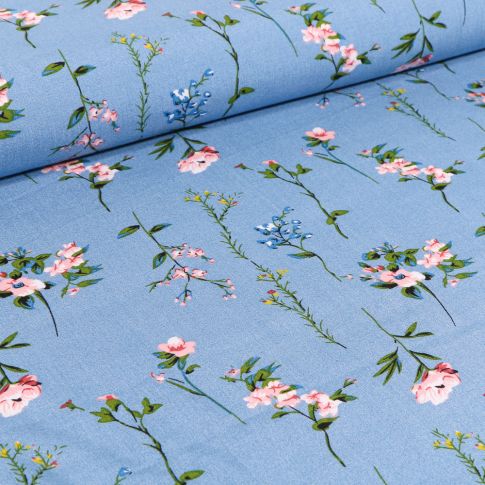 Tissu Viscose Popeline Pivoines sur fond Bleu