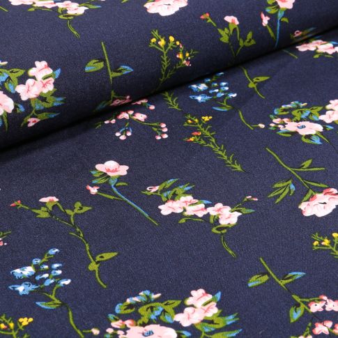 Tissu Viscose Popeline Pivoines sur fond Bleu marine
