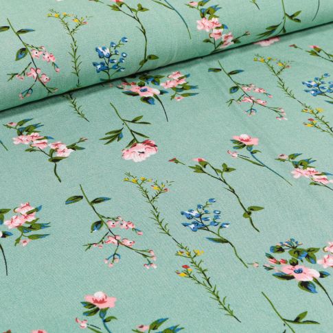 Tissu Viscose Popeline Pivoines sur fond Vert menthe