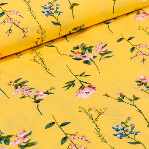 Tissu Viscose Popeline Pivoines sur fond Jaune