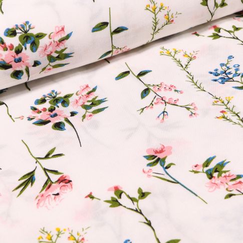 Tissu Viscose Popeline Pivoines sur fond Blanc