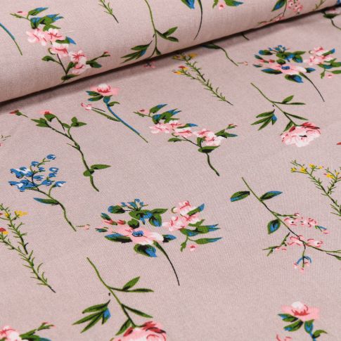 Tissu Viscose Popeline Pivoines sur fond Taupe