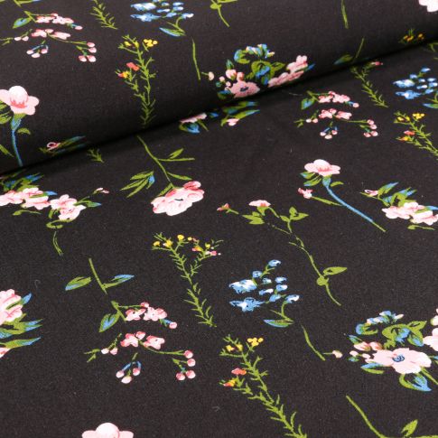 Tissu Viscose Popeline Pivoines sur fond Noir
