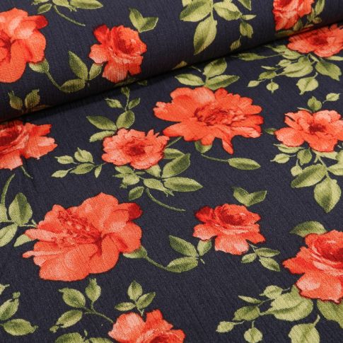 Tissu Crêpe Viscose Rose rouge sur fond Bleu marine