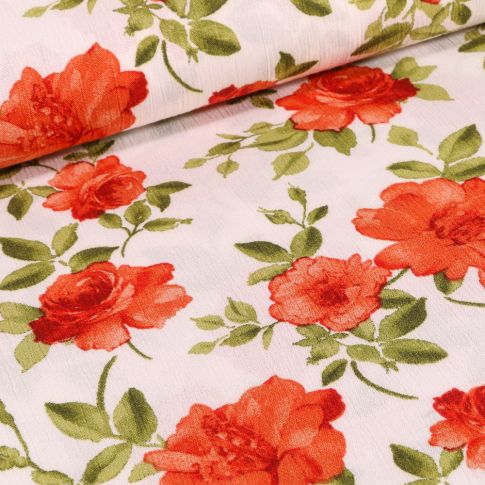 Tissu Crêpe Viscose Rose rouge sur fond Ecru