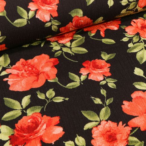 Tissu Crêpe Viscose Rose rouge sur fond Noir