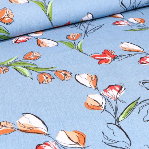 Tissu Viscose texturé Tulipes colorées sur fond Bleu