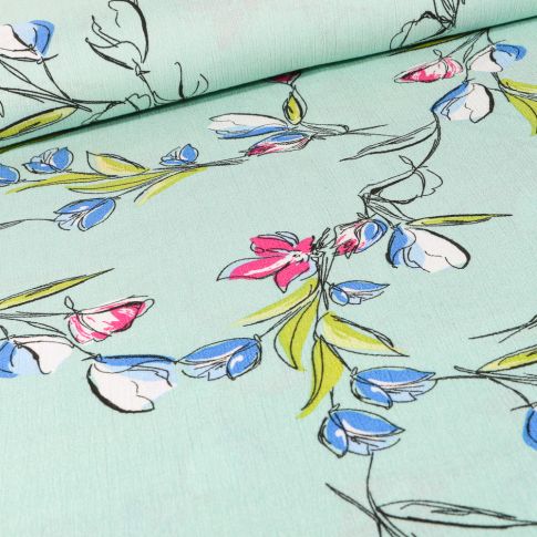 Tissu Viscose texturé Tulipes colorées sur fond Vert menthe