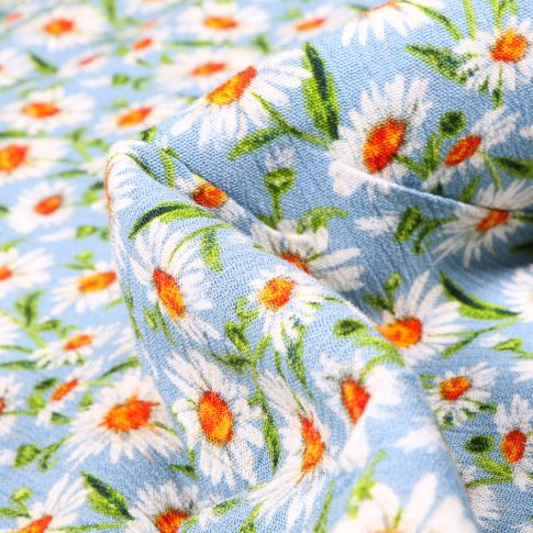 Tissu Viscose texturé Pâquerettes sur fond Bleu ciel