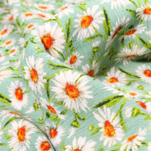 Tissu Viscose texturé Pâquerettes sur fond Vert menthe