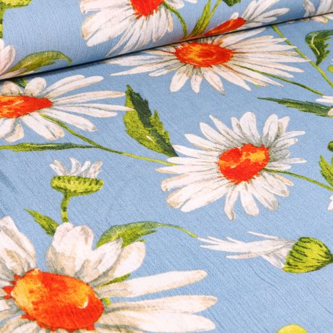 Tissu Crépon Viscose Marguerite XL sur fond Bleu ciel