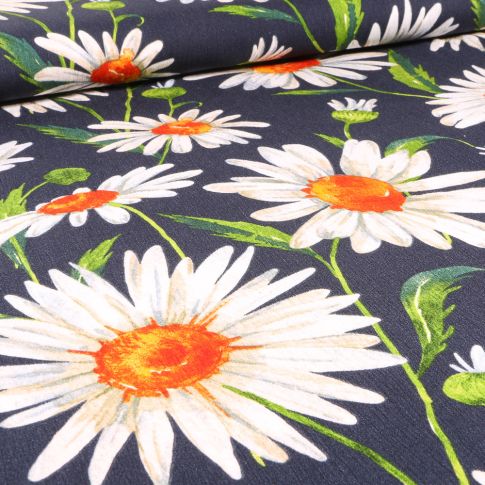 Tissu Crépon Viscose Marguerite XL sur fond Bleu marine