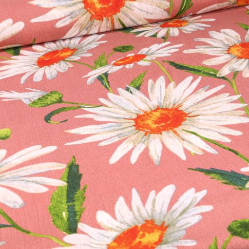 Tissu Crépon Viscose Marguerite XL sur fond Rose