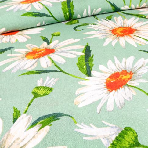 Tissu Crépon Viscose Marguerite XL sur fond Vert menthe
