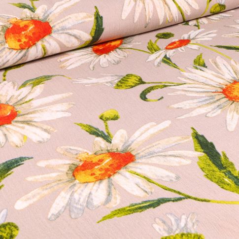 Tissu Crépon Viscose Marguerite XL sur fond Beige sable