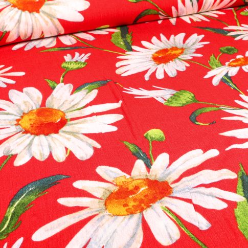 Tissu Crépon Viscose Marguerite XL sur fond Rouge